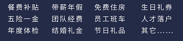 尊龙凯时员工福利：餐费津贴、五险一金、年度体检、带薪年假、团队经费、完婚礼金、免费住房、员工班车、节日礼物、生日礼券、人才落户、其它……